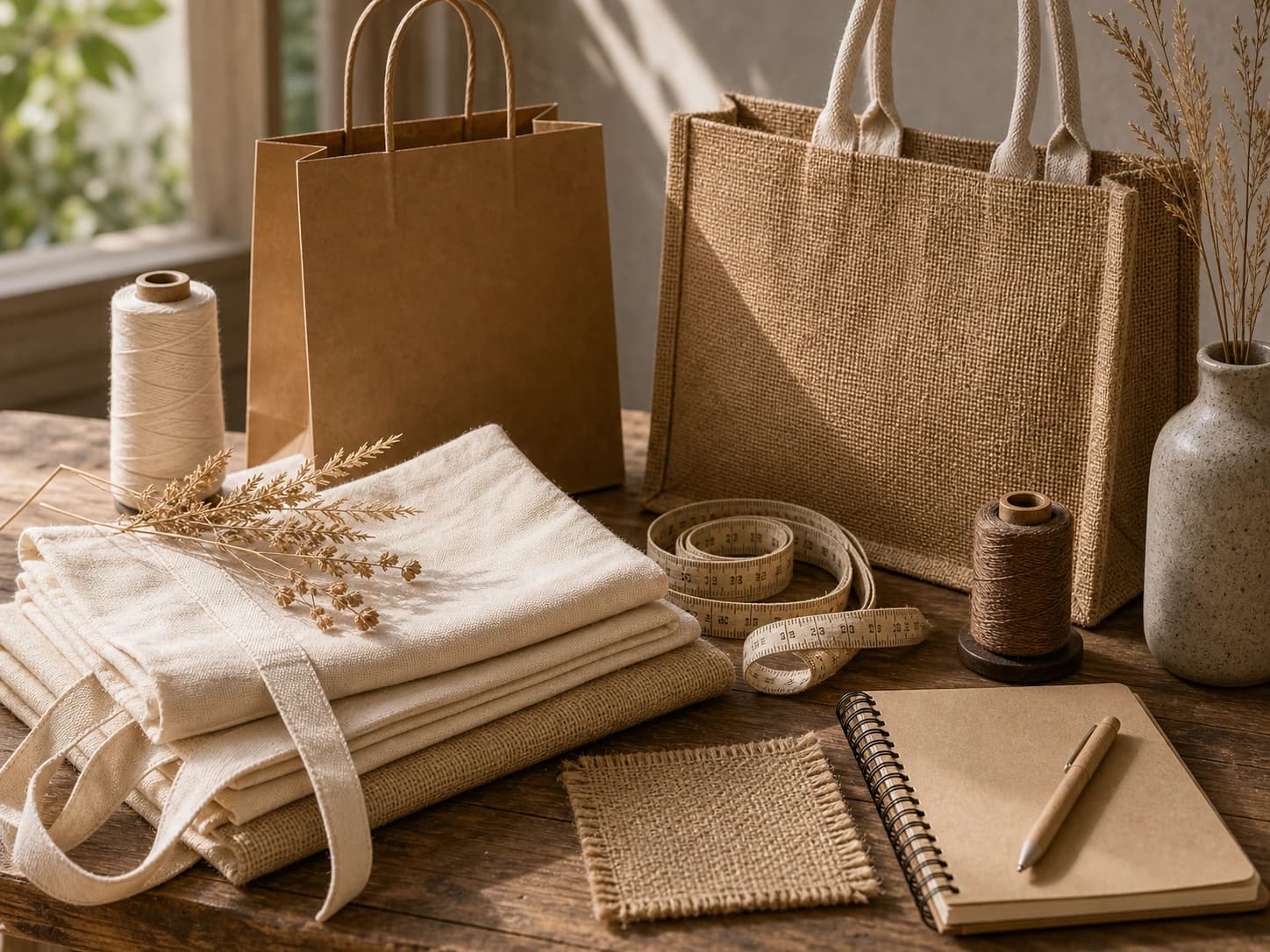 Editorial still life of sustainable bag materials in warm natural light