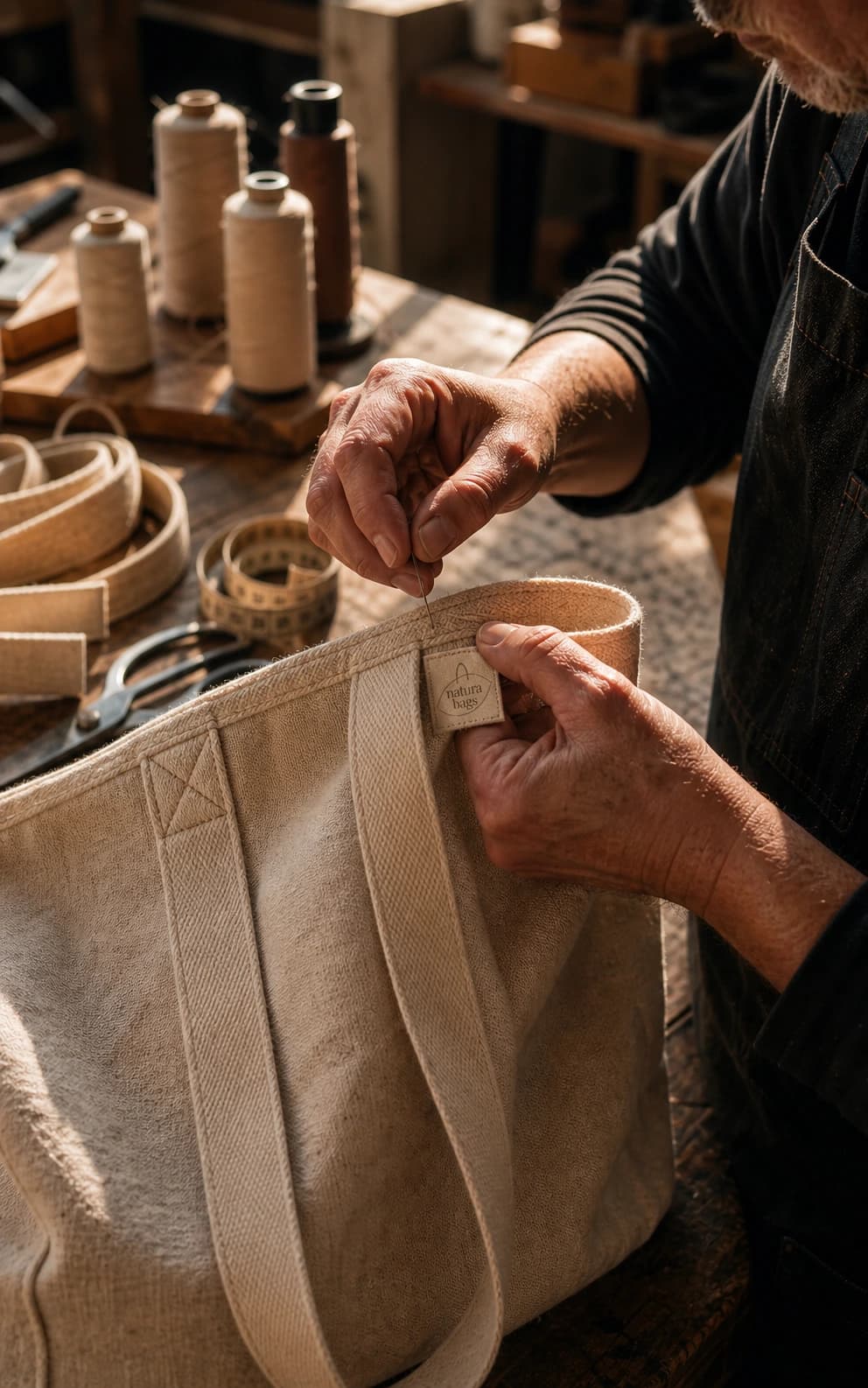 Maker hand-stitching a Natura Bags label onto a cotton tote