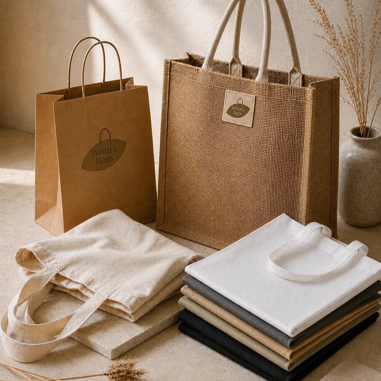 Still life of Natura Bags cotton, jute, and paper bags in warm natural light