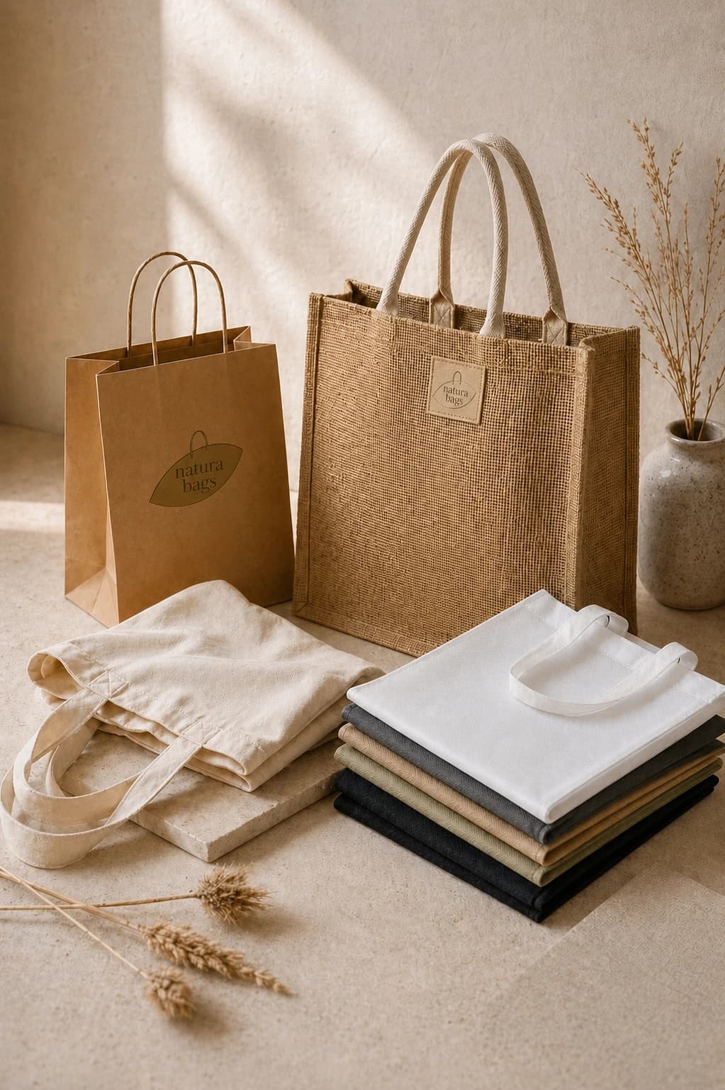Premium still life of Natura Bags material collection arranged in warm studio light
