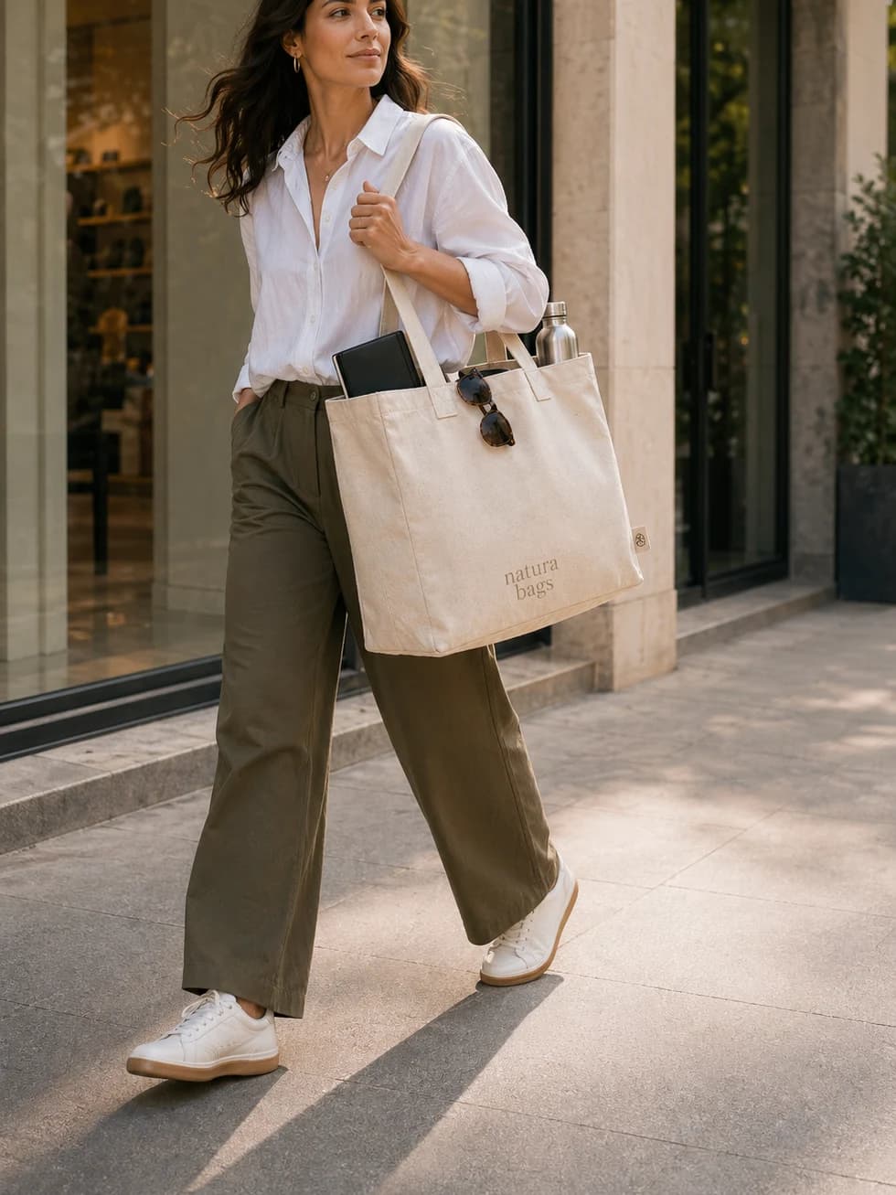 Woman carrying a Natura Bags cotton tote along a quiet city storefront
