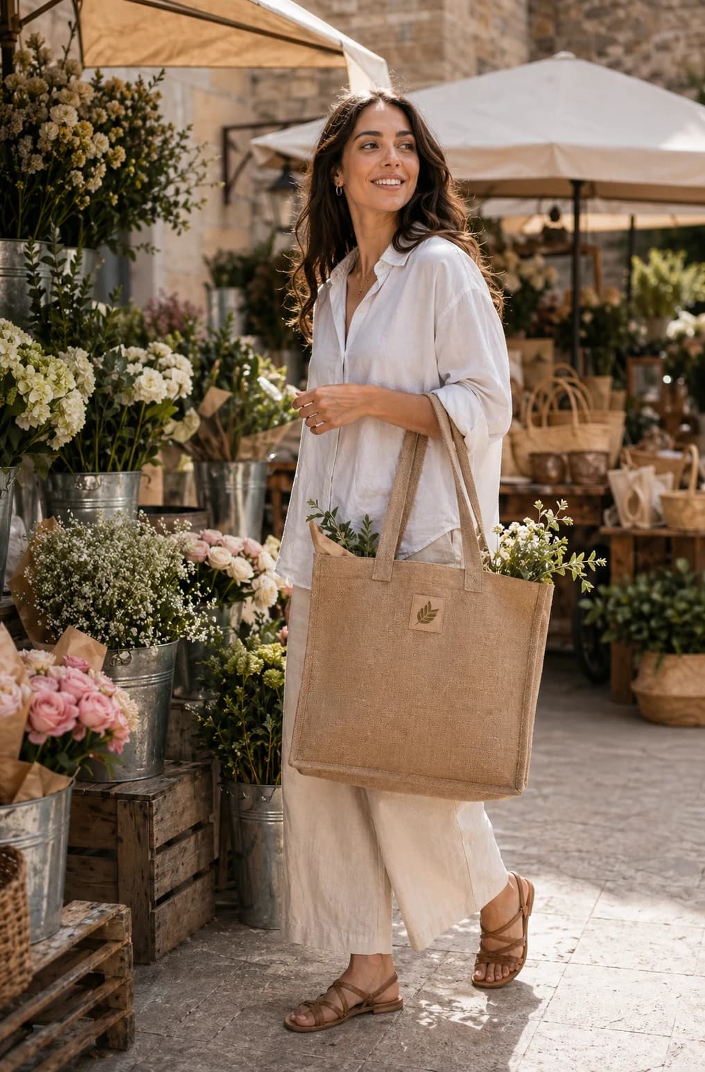 Woman carrying a Natura Bags jute tote through a flower market