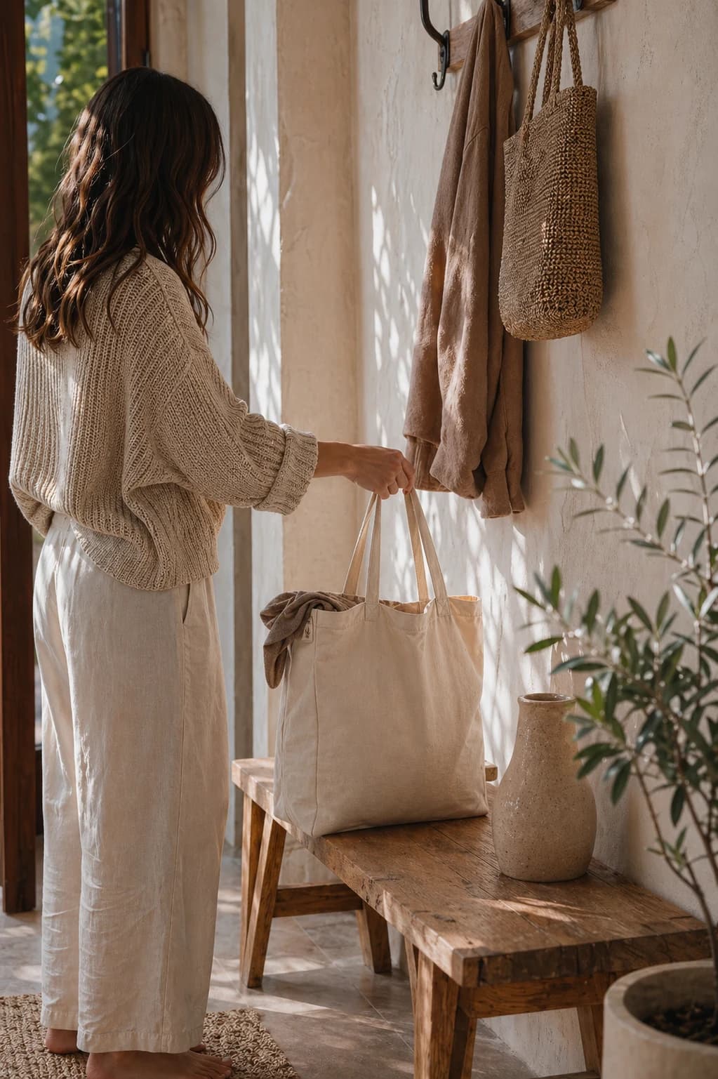 Woman arriving home with a Natura Bags tote in a sunlit entryway